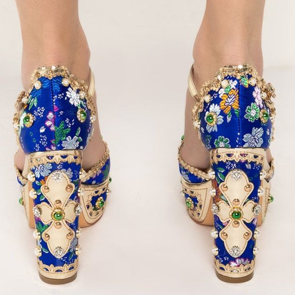 SOLD OUT ❤️‍ Callie Xhibit: Museum Platform Jeweled Tapestry Gold Pearl Heels 11 - Picture 2 of 5
